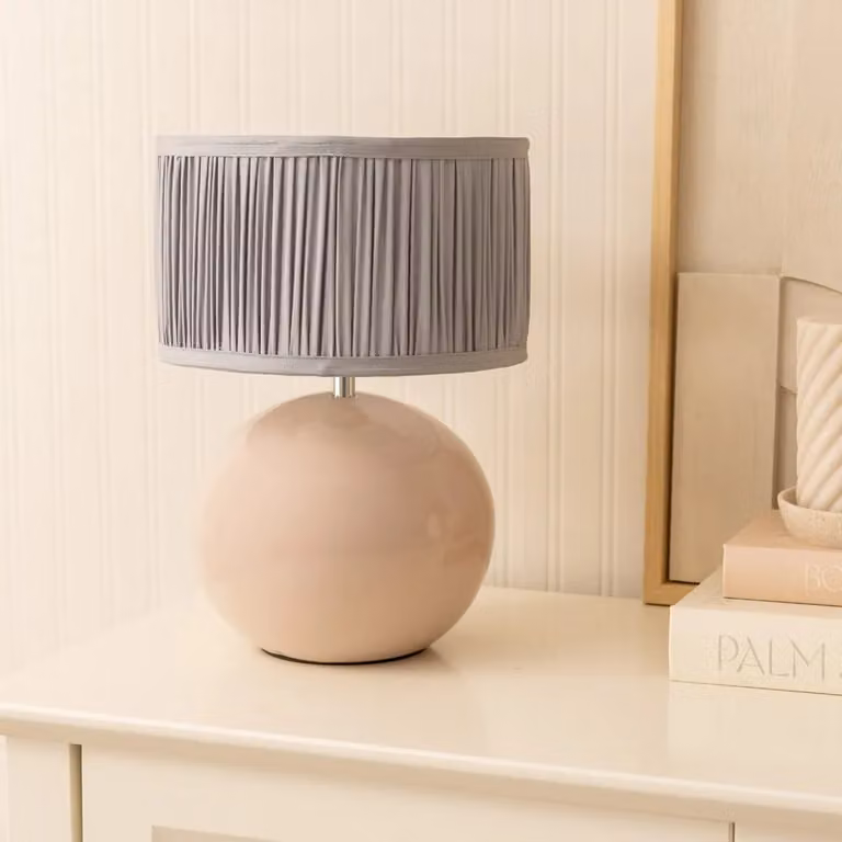 ValueLights Bosco Stone Ceramic Table Lamp with Blue Ruched Pleated Fabric Drum Shade