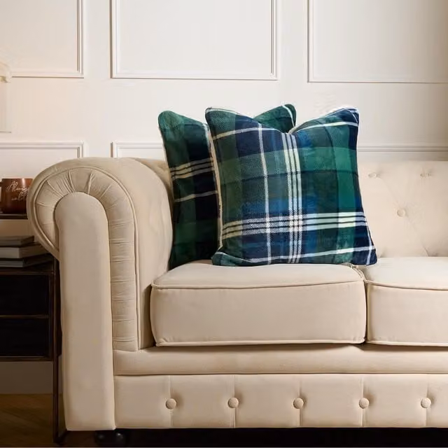 Pack of 2 Hudson Green Flannel Checked Square Cushion Covers