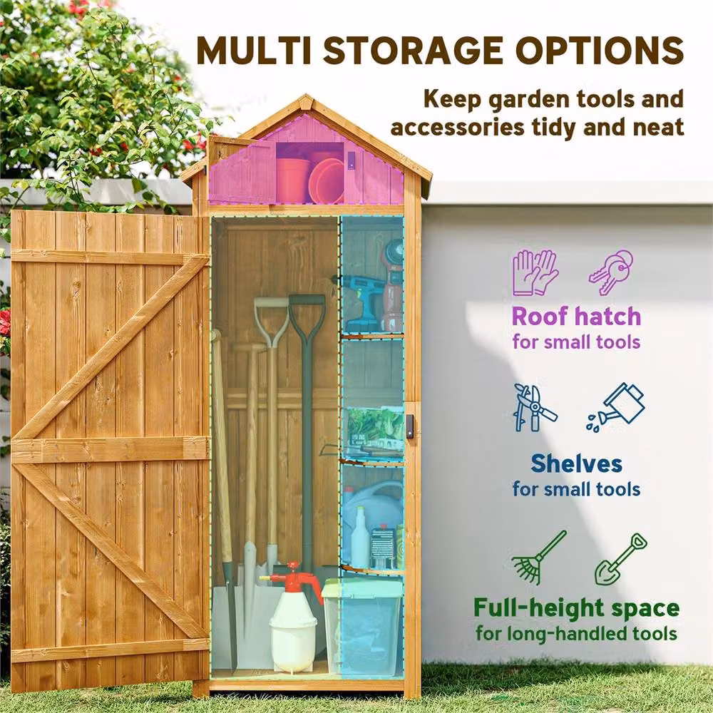 SPETLEK Brown Wooden Garden Storage Shed with 3 Shelves, H 179 x W 67 x D 45 cm – 4