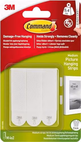 3M Command Medium Double Sided Picture Hanging Strips, White, 2 Packs of 4 Sets – 1