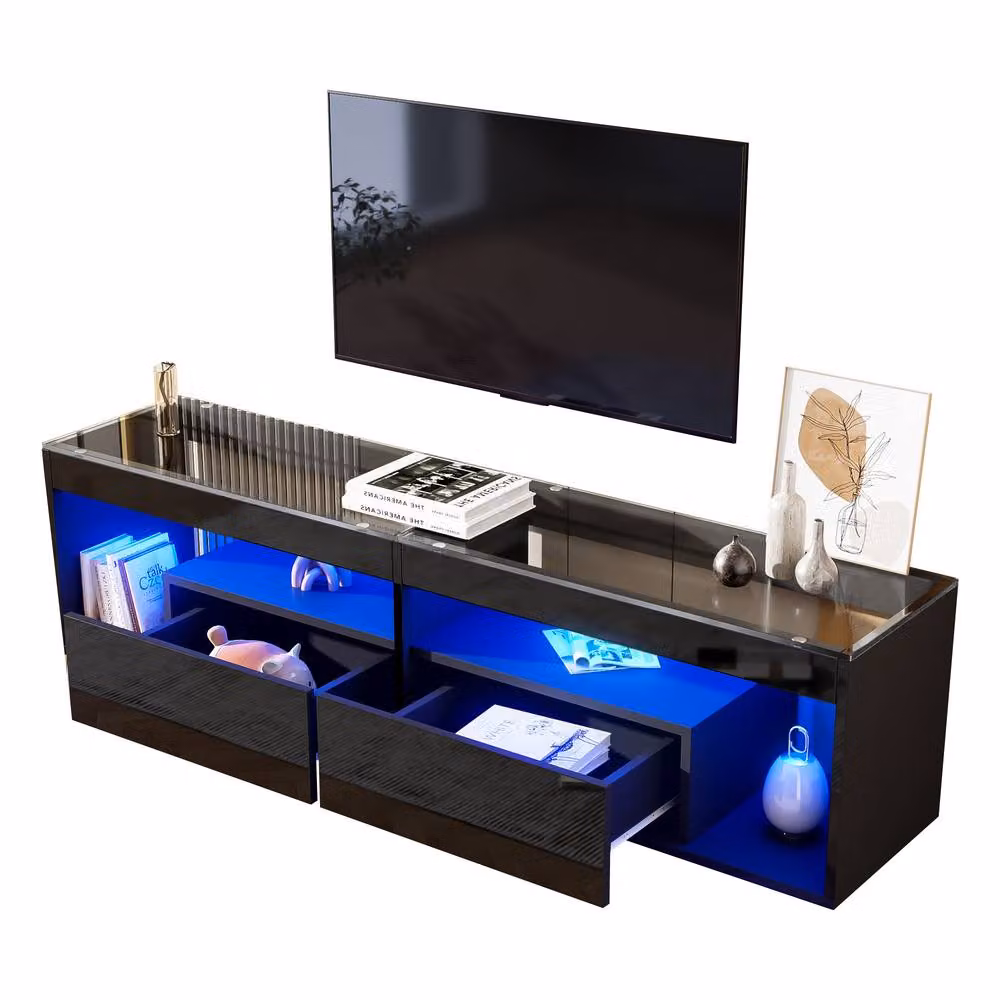 ModernLuxe High Gloss TV Cabinet with LED Lights, Glass Top and 2 Drawers in Black, W: 180 cm, D: 40 cm, H: 46 cm – 2