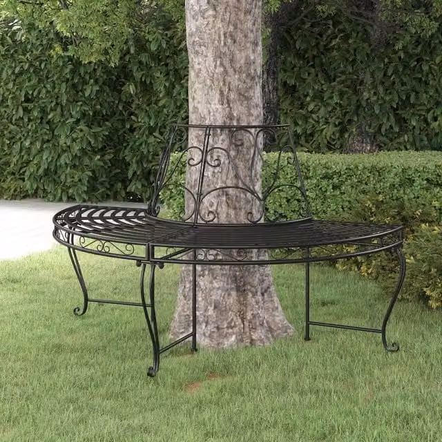 Berkfield Home Half Round Tree Bench in Black Matt Steel, Diameter: 160 cm