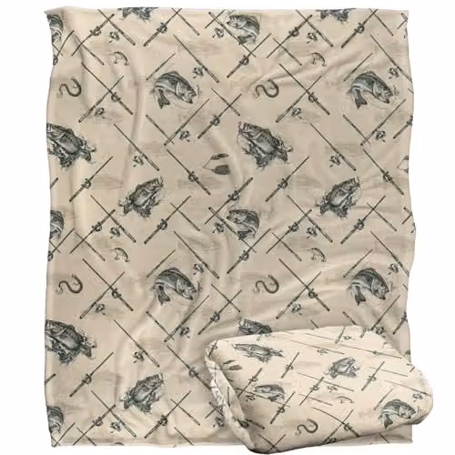 JQ Licensing Action Bass Fishing Pattern Super Soft Fleece Throw Blanket in White, W/D/H: 152 x 127 cm