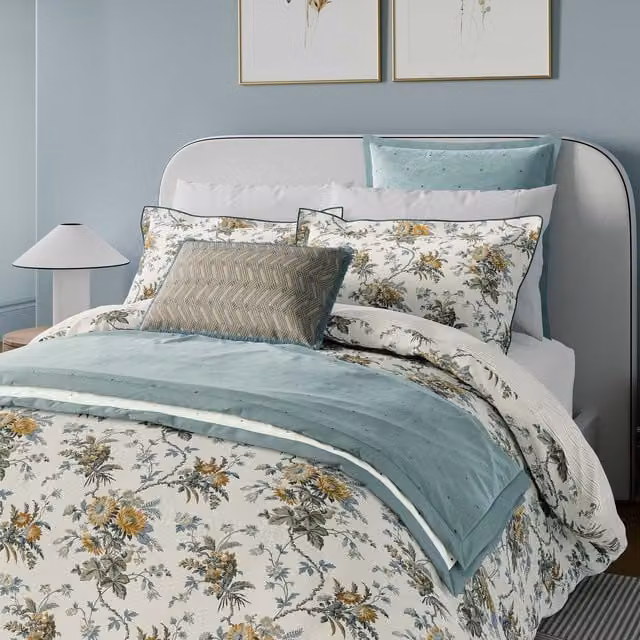 Bedeck of Belfast Sybil Super Kingsize Reversible Floral Cotton Percale Duvet Cover and Pillowcase Set, Blue