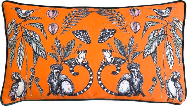 Make it a Home Wild Mirrored Creatures Digitally Printed Piped Velvet Cushion in Orange with Feather Filling