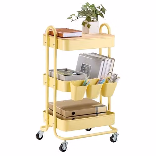 VonHaus 3 Tier Yellow Storage Trolley with Bamboo and Metal Construction, W/D/H: 79.5 x 46 x 36 cm – 1