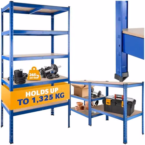 tectake Heavy-Duty 5-Tier Garage Shelving Unit with MDF Shelves and Galvanised Steel Frame, Blue, W: 132.5 cm, D: 45.5 cm, H: 180.5 cm – 1