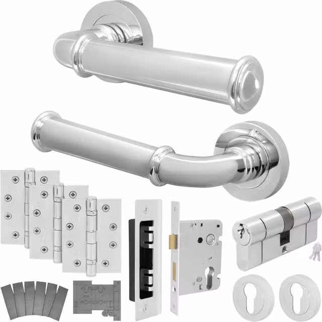 AFIT Chrome Fire Door Handle Euro Lock Double Cylinder Set with Hinges in Silver, W/D/H: 15 x 15 cm