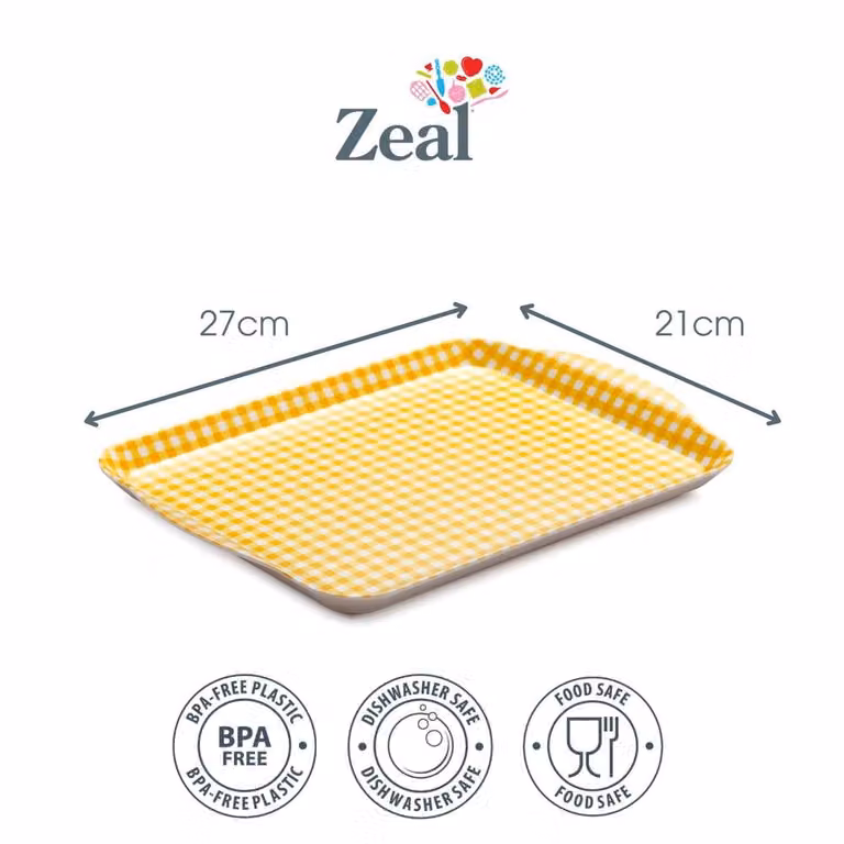 Zeal Melamine Rectangular Gingham Serving Tray with Handles, Yellow, W: 27 cm, D: 21 cm
