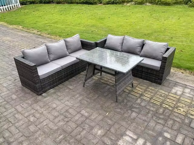 Fimous Dark Grey Mixed PE Rattan Garden Dining Set with Outdoor Sofa and Patio Table