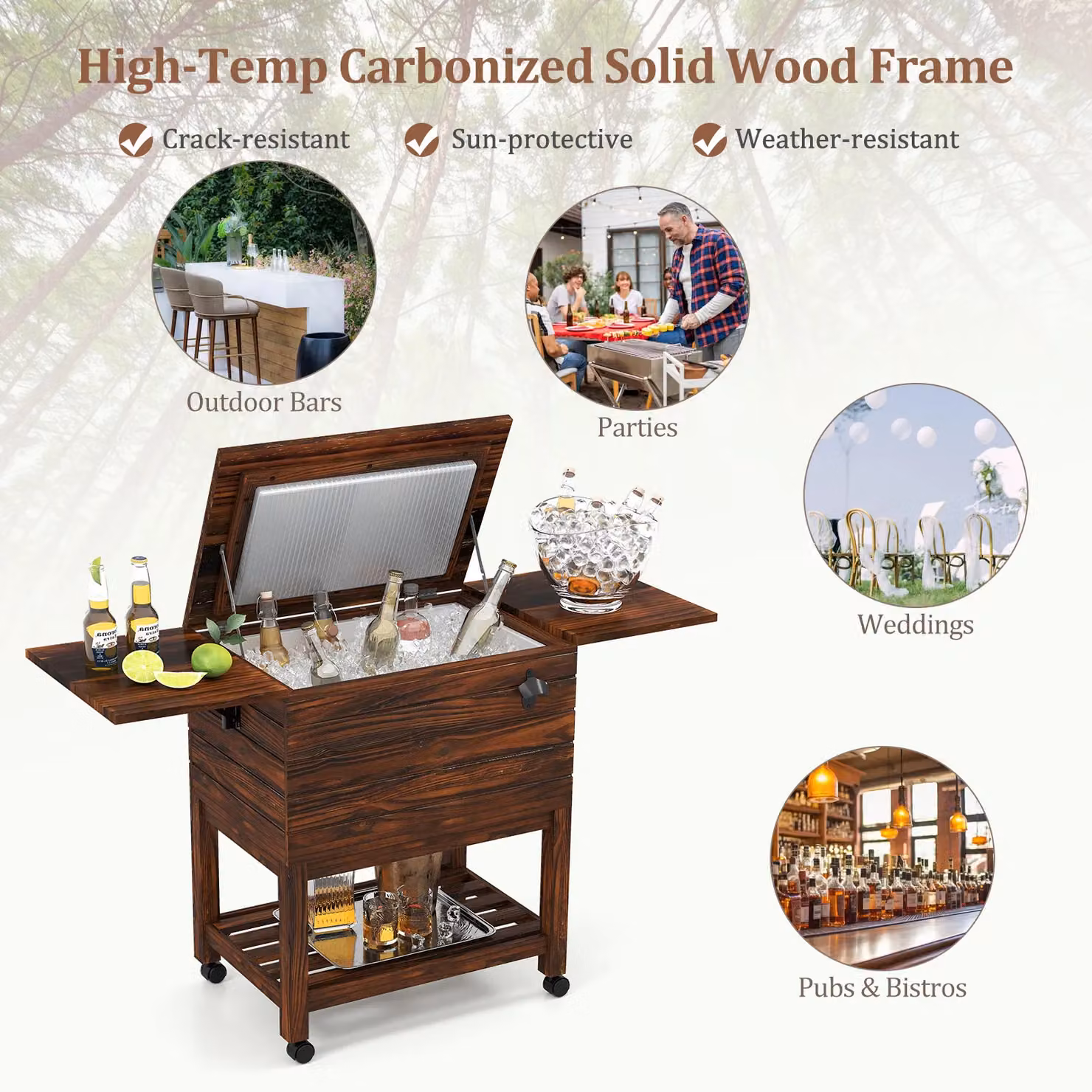Costway Rolling Wooden Patio Cooler Cart, 51L Outdoor Ice Chest in Brown – 9