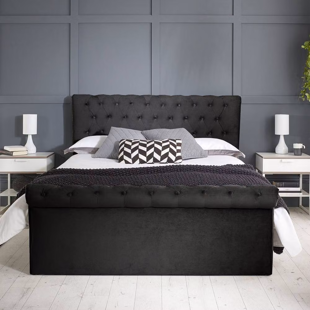 Aspire Mayfair Chesterfield Sleigh Ottoman Velvet Bed Frame in Black, Super King, W: 200 cm x D: 200 cm – 3