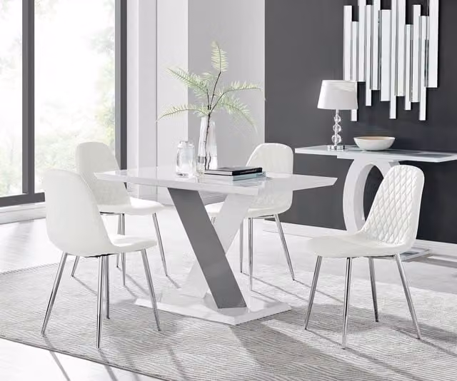Furniturebox Monza White High Gloss Rectangular Dining Table with 4 Corona Silver Chairs