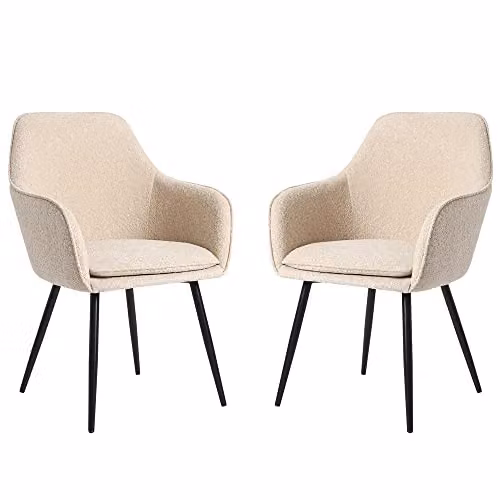 Genesis Modern Dining Chairs with Armrests in Beige Bouclé and Black Metal – 1