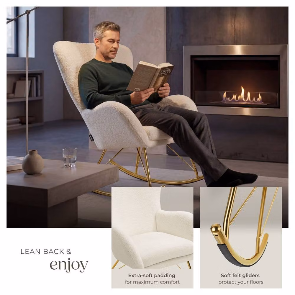 tectake Rocking Chair Swing Armchair with Metal Frame and Beige Bouclé Padding – 2