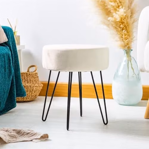 Harbour Housewares Modern Cylindrical Velvet Footstool in Beige with Black Legs, H41 x D45 cm – 3