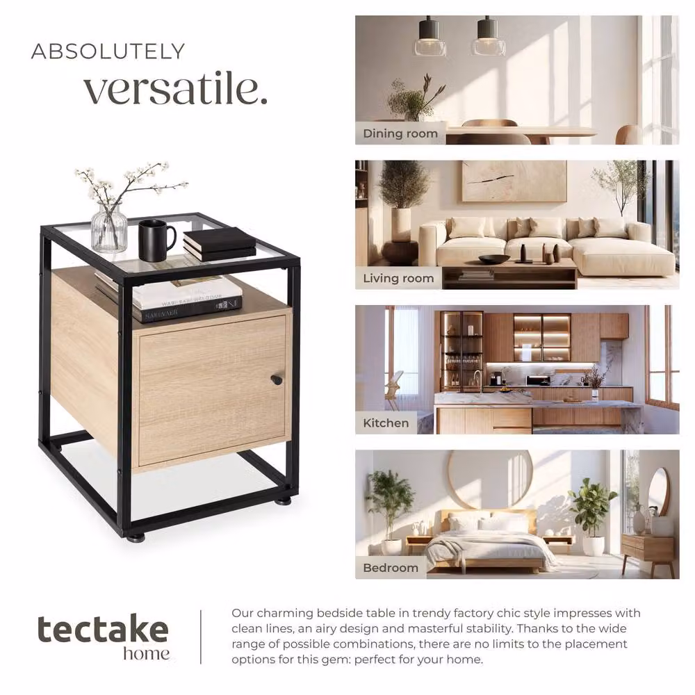 tectake Dudley Nightstand with 3 Shelves and Magnetic Door in Light Oak – 6