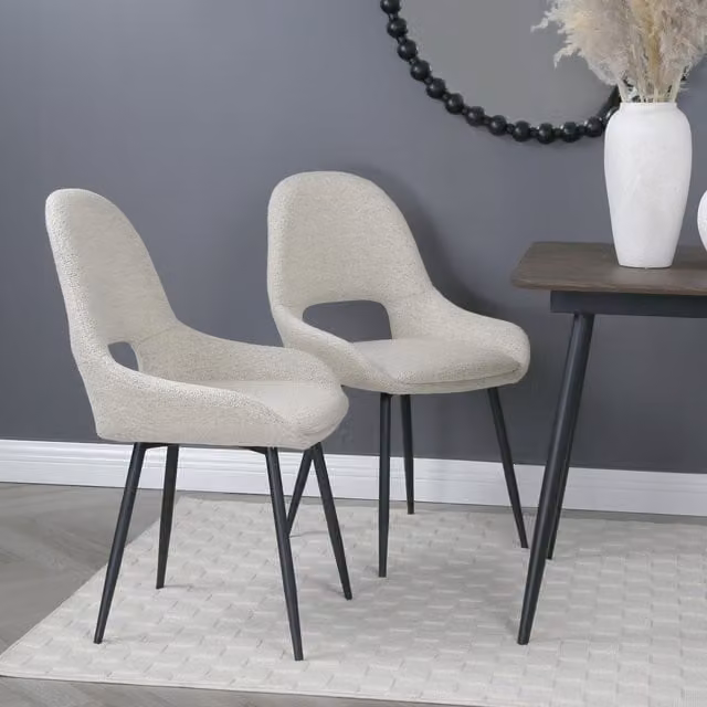Home Garden Direct Set of 2 Pebble Upholstered Dining Chairs in Beige Bouclé with Black Metal Frame