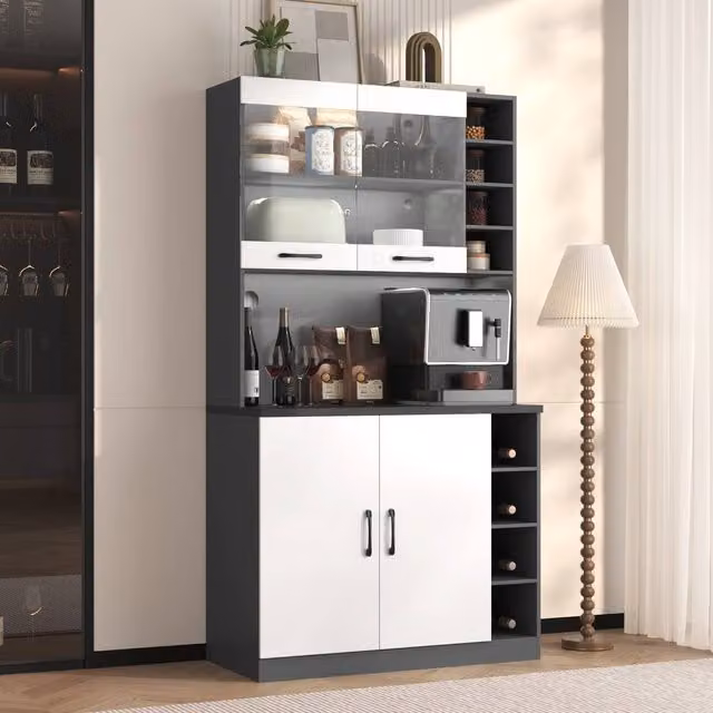 Merax Tall Kitchen Storage Cabinet Pantry with LED Open Shelves in White