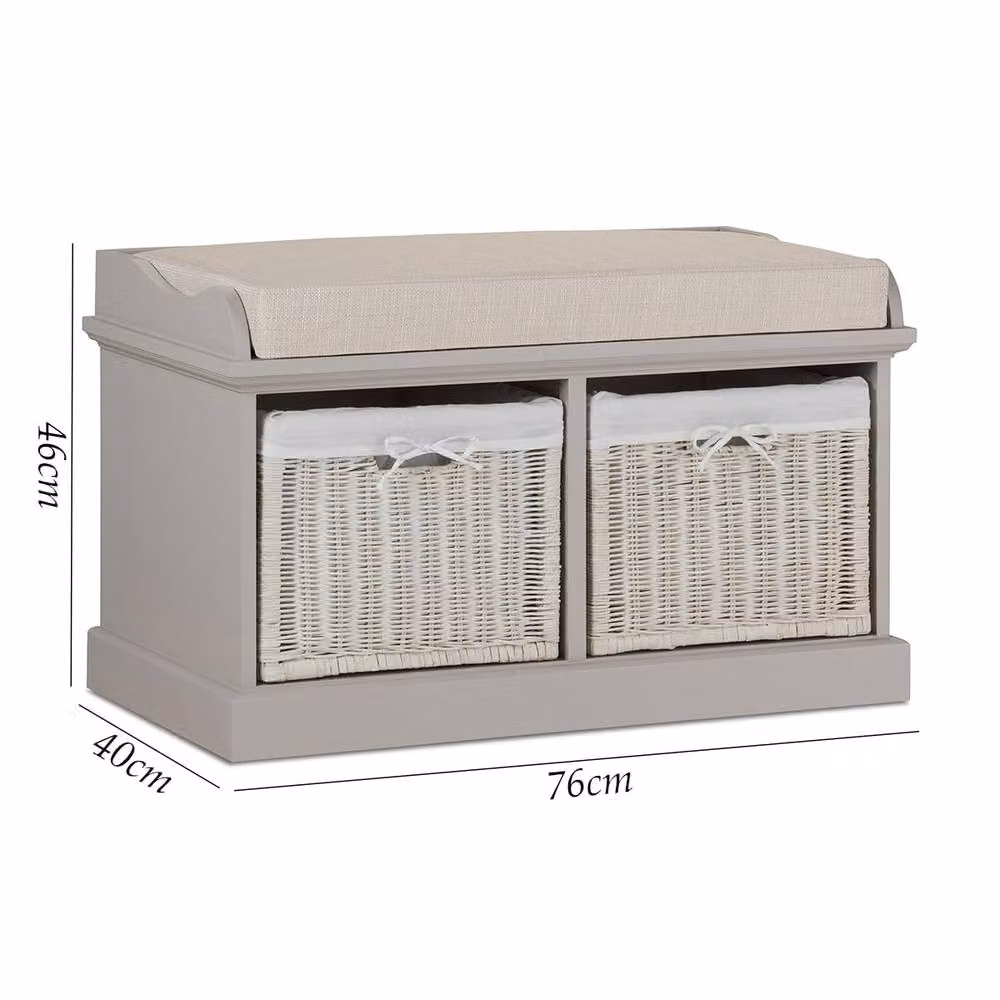 Statement Furniture Tetbury Hallway Storage Bench in Taupe with 2 White Wicker Baskets and Cream Fabric Cushion, W/D/H: 76 x 40 x 46 cm – 2