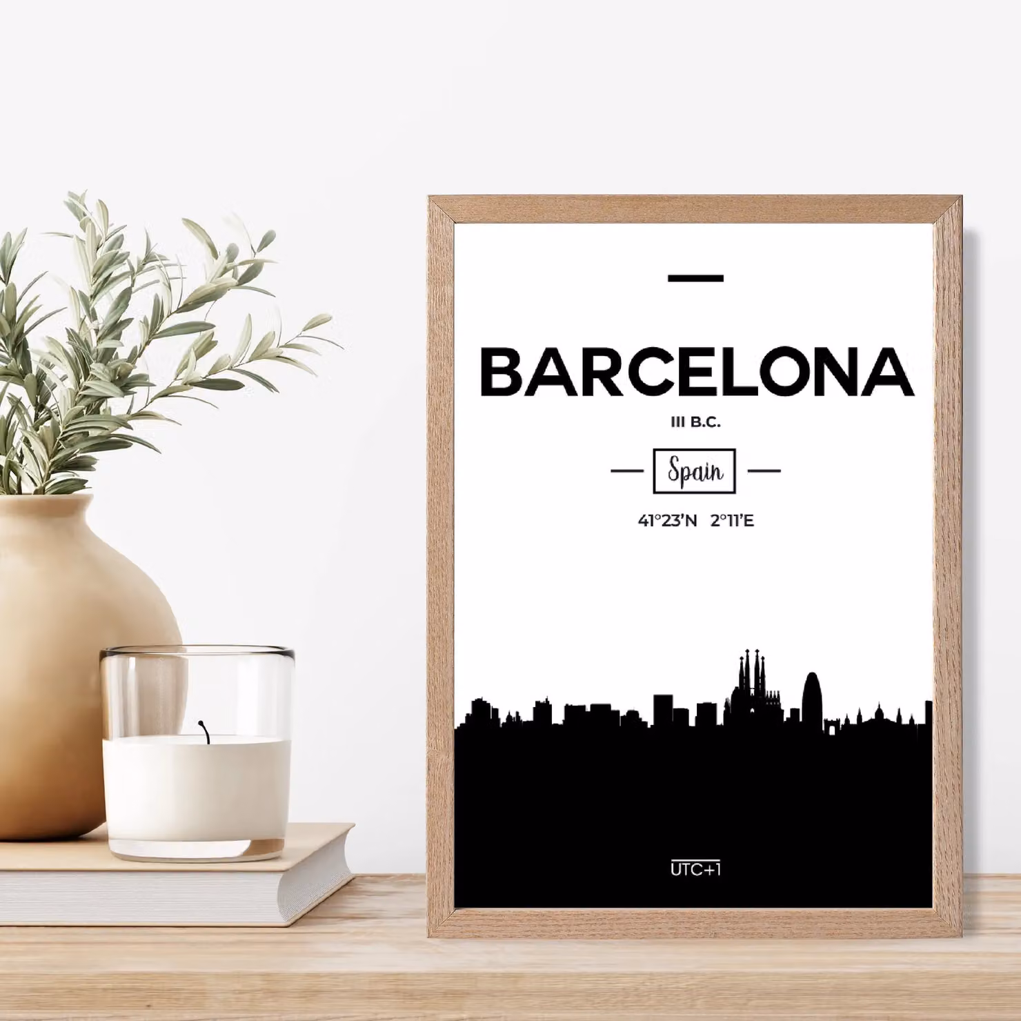 ARTZE Barcelona Black and White City Skyline Framed Print with Oak Frame – 2