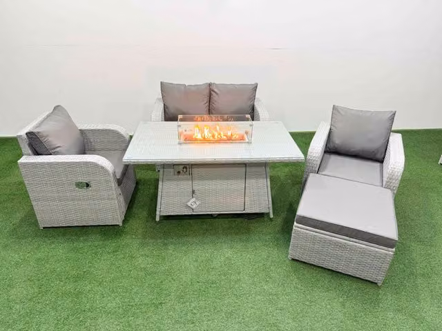 Fimous 5 Seater Light Grey PE Wicker Rattan Garden Furniture Set with Reclining Chairs, Firepit, Dining Table and Footstool