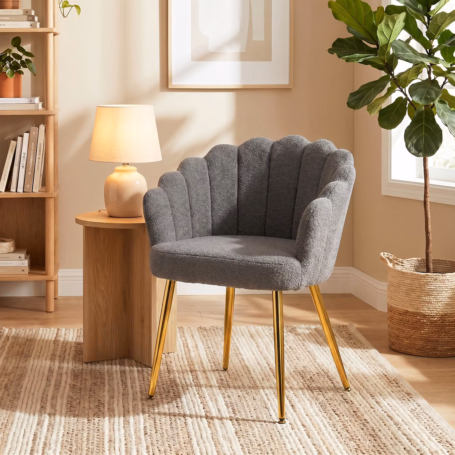 HOMCOM Grey Bouclé Petal-Back Lounge Chair with Metal Legs – 2