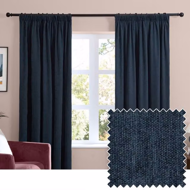 Furn Soft Chenille Blackout Pencil Pleat Curtain Pair in Blue, Width: 117 cm, Drop: 183 cm