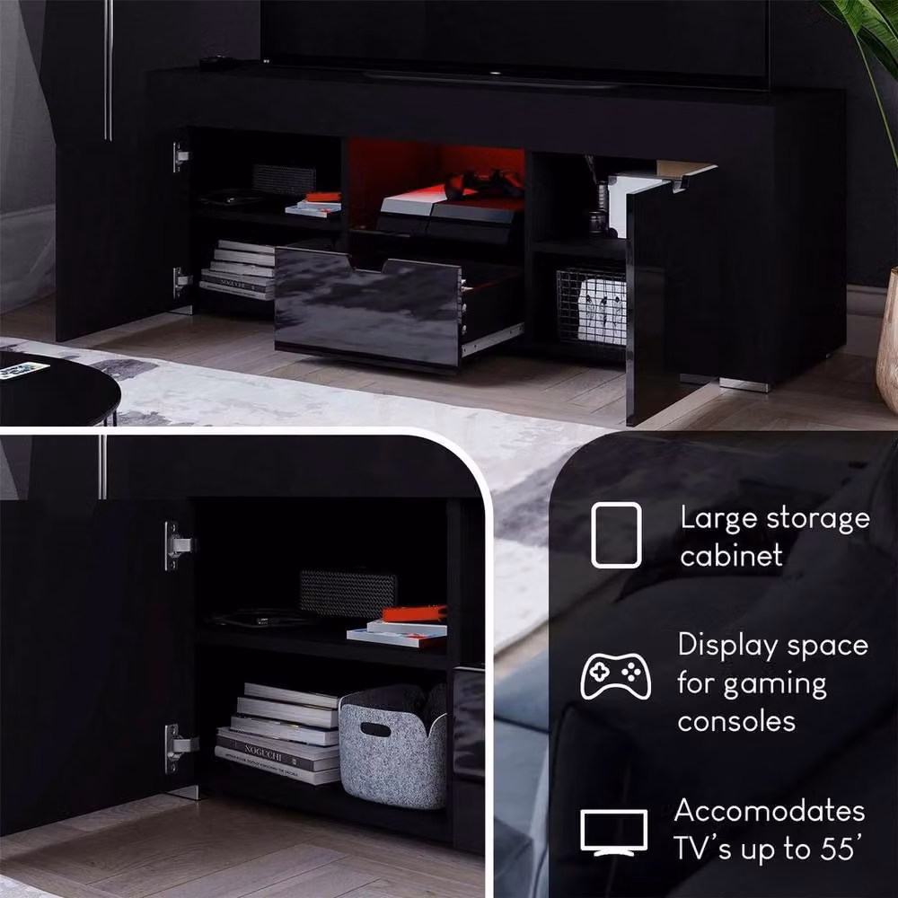 KORVIXA Modern Black Glossy LED TV Unit Cabinet with 2 Doors and 1 Drawer – 2