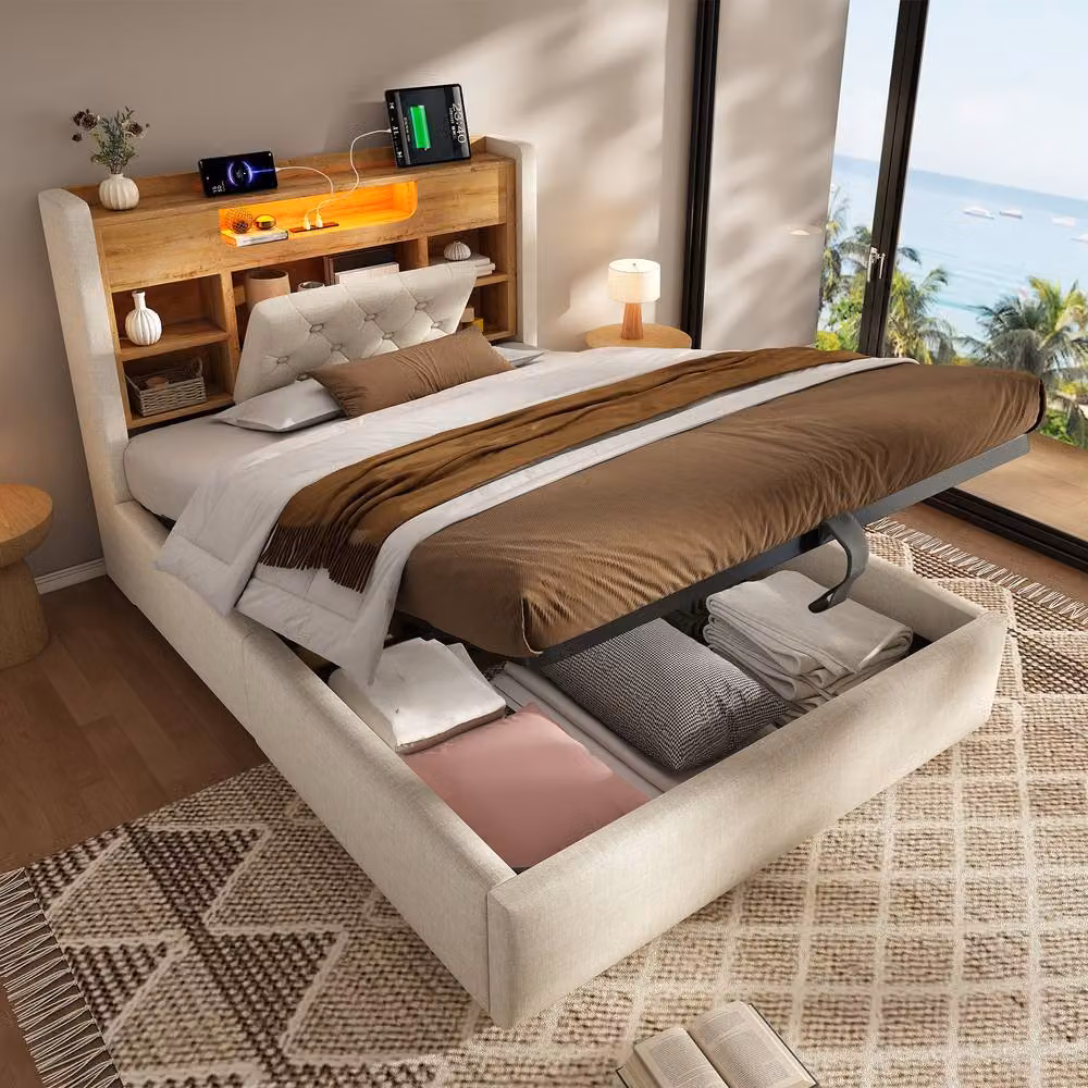 Rolipo Double Bed with Storage, Beige Linen Upholstered Bed Frame with LED Lighting and USB Charging Ports, W/D/H: 140 x 200 x 135 cm – 7