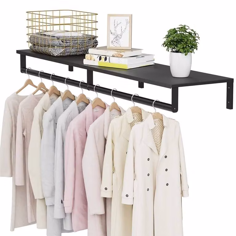 KORVIXA Matt Black Metal Wall Mounted Continuous Linear Clothes Rail, Width: 80 cm