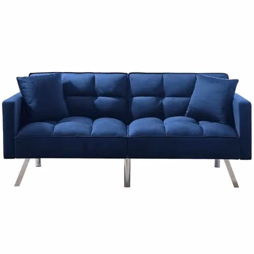 KOSY KOALA 2 Seater Blue Velvet Click Clack Sofa Bed with Metal Legs and 2 Scatter Cushions – 2