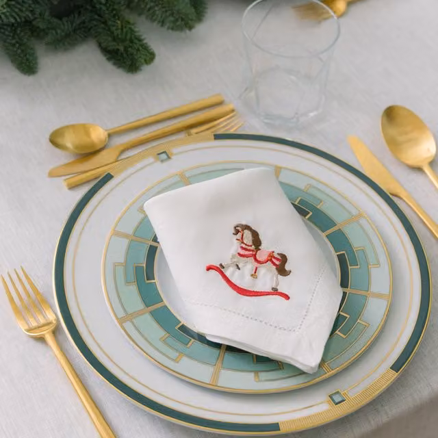 Mafra White Linen Table Linens with Vintage Embroidered Rocking Horses