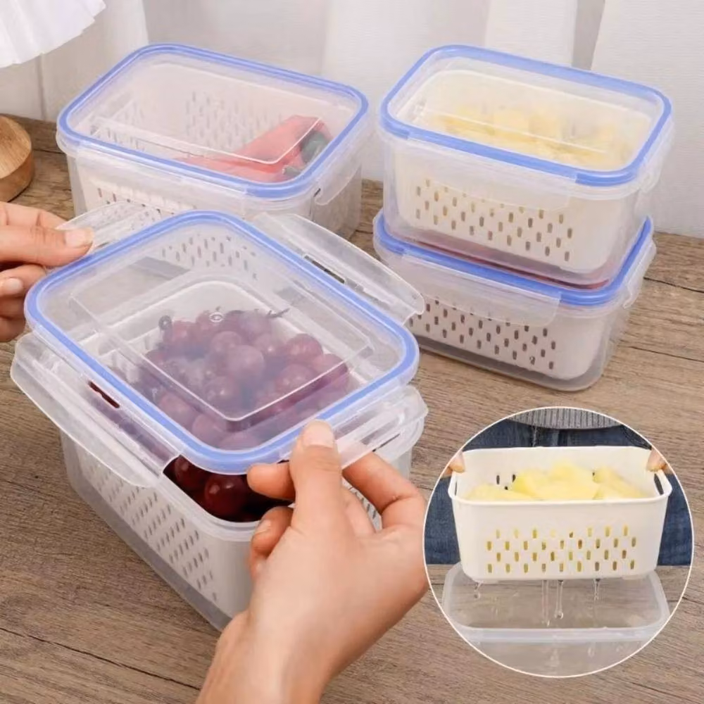 FORGEVIO Blue and Grey Plastic Fruit Storage Containers with Snap Lid – 2