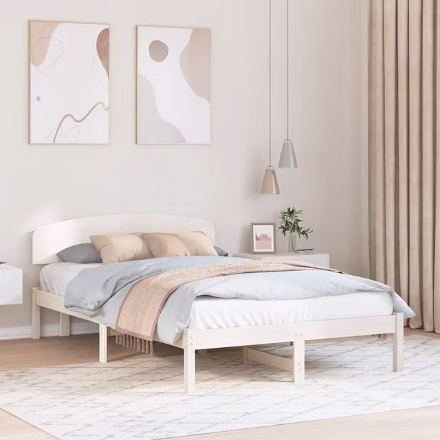 Berkfield Home White Solid Pine Bed Frame with Headboard W/D/H: 120 x 190 cm