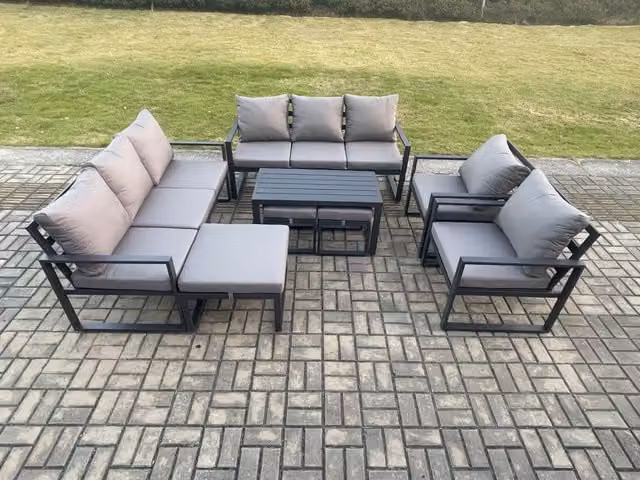 Fimous Modern Powder Coated Aluminium Outdoor Garden Furniture Set in Dark Grey with 3 Seater Sofa, Coffee Table and 3 Ottomans