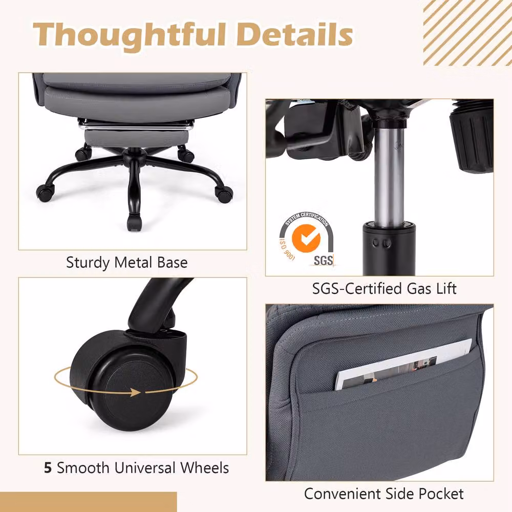 Gymax Grey Leather Executive Office Chair with Headrest and Armrests – 6