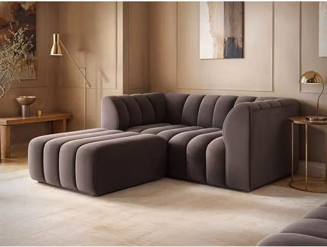 SOLACE+CO Halle 2 Seater L-Shape Velvet Sofa with Matching Reversible Ottoman in Brown