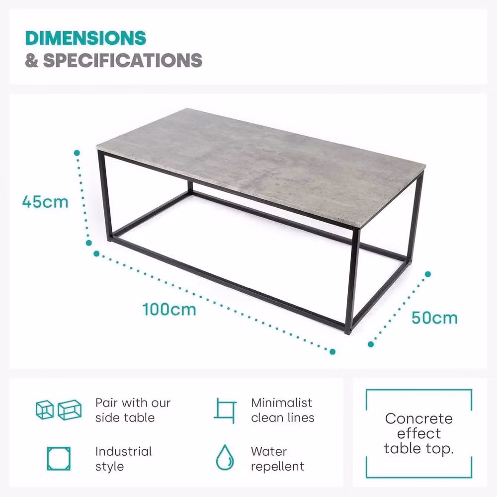 EONLION Industrial Concrete Effect Coffee Table in Grey and Black, Width: 100 cm – 2