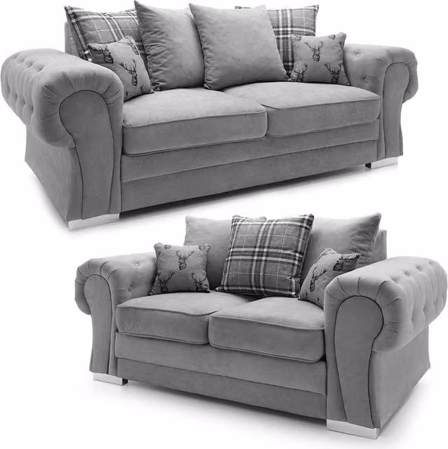 Furnishings For Less UK Milan Grey Fabric 3 and 2 Seater Sofa Set with Scatter Cushions