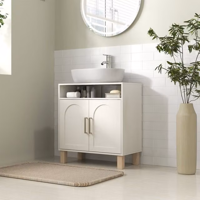 HOMCOM Modern Freestanding Under Sink Bathroom Cabinet with Internal Shelves and Hinged Doors, Cream White