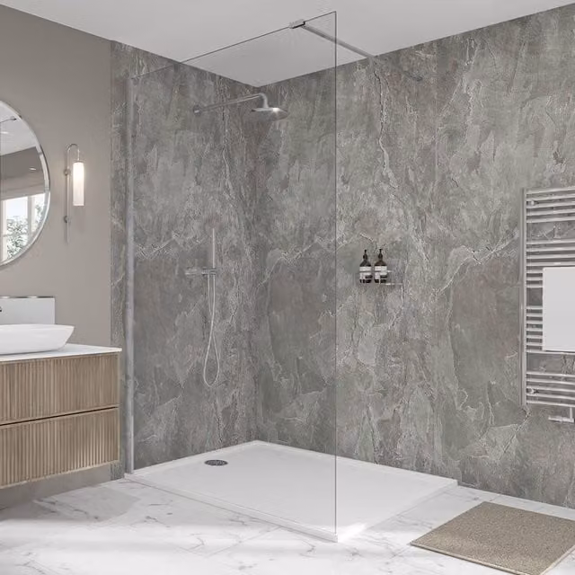 Wetwall Elite Double Post Formed Scafell Slate Shower Panel in Grey Stone Look