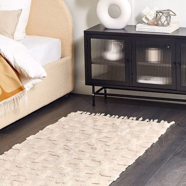 Wyld and Coco Beige Cotton Geometric Shaggy Tufted Area Rug W: 80 cm, L: 150 cm