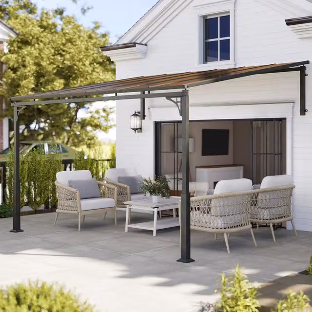Outsunny Brown Metal Lean-to Pergola with Polycarbonate Roof, W: 3.4 m, D: 3 m