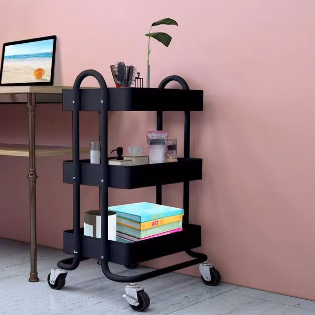 Levede 3-Tier Kitchen Trolley Cart Black Metal Storage Rack with Wheels – 1