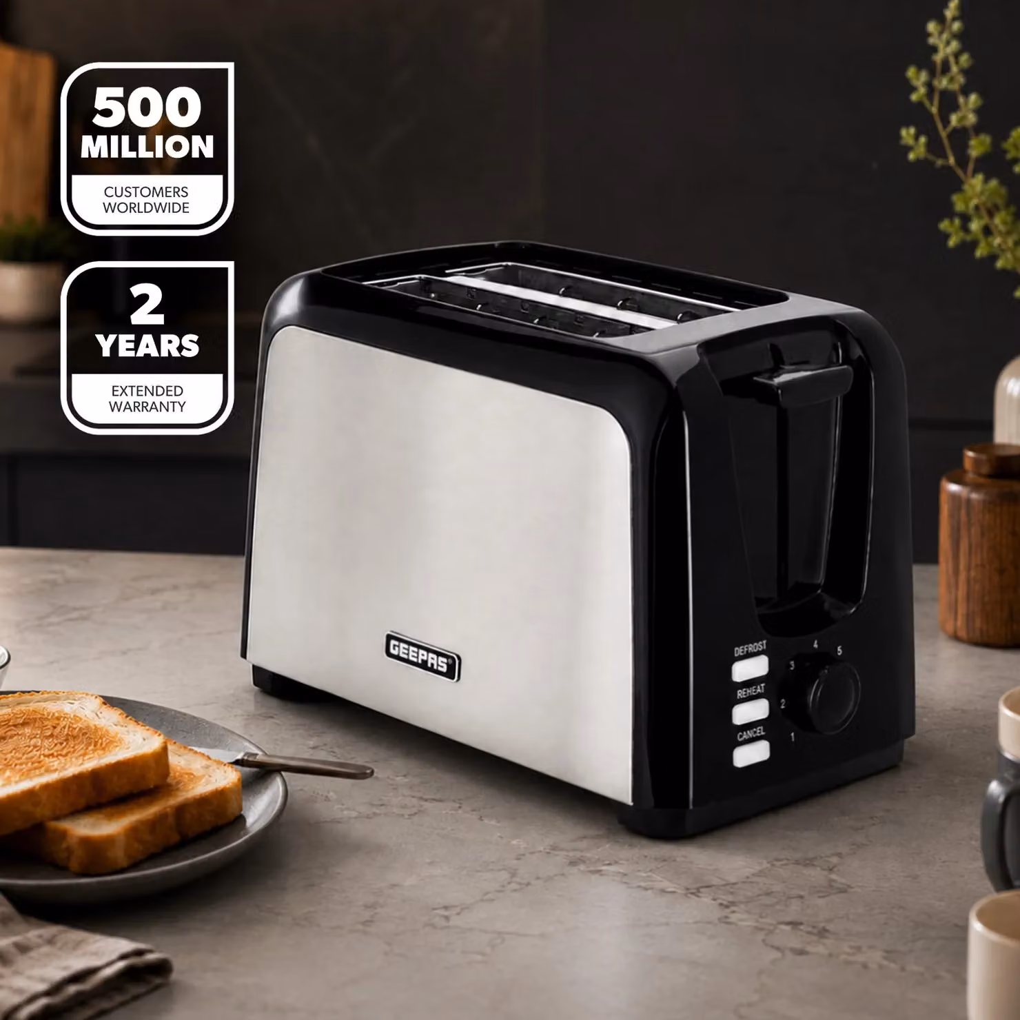 Geepas 2 Slice Bread Toaster with 7 Level Browning Control, Defrost, Reheat and Cancel Functions in Black – 2