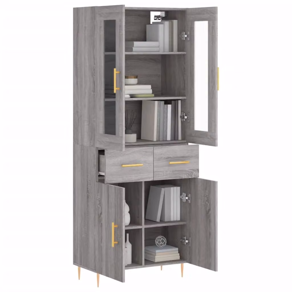 Berkfield Home Grey Sonoma Modern Highboard with Glass Doors and Internal Shelves, W: 69.5 cm, D: 34 cm, H: 180 cm – 2