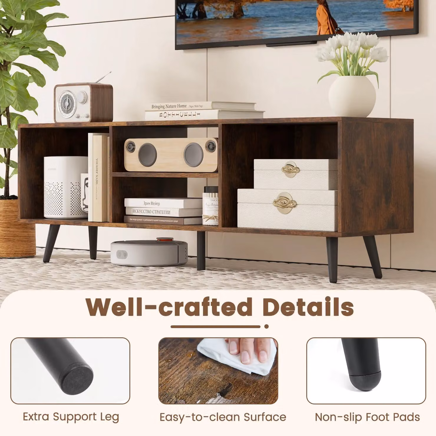 Gymax Mid Century Modern Entertainment Centre TV Stand in Brown, W: 120 cm, D: 30 cm – 6