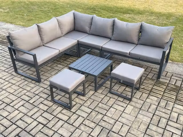 Fimous 8 Seater Aluminium Garden Furniture Set with L-Shape Corner Sofa, Coffee Table and 2 Ottomans in Anthracite Grey