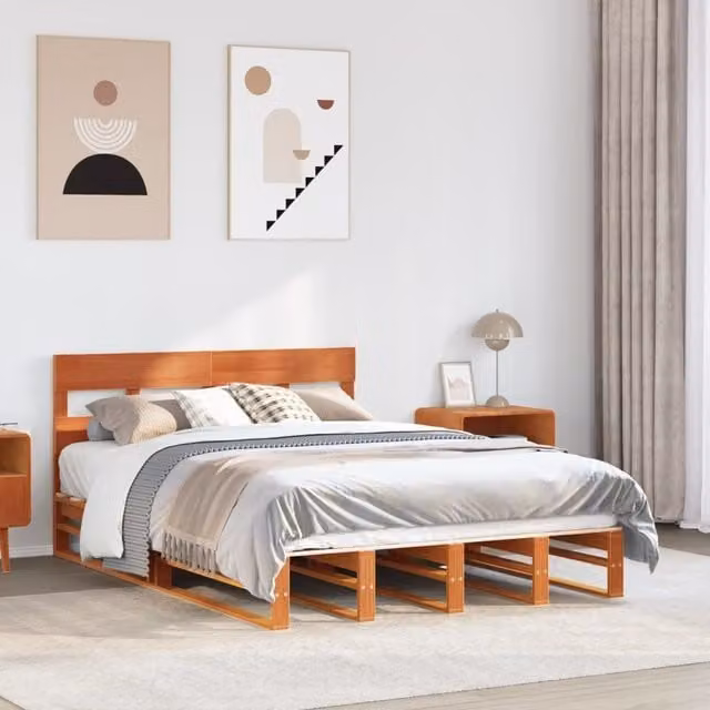 Berkfield Home Solid Wood Pine Bed Frame in Waxed Brown, W: 140 cm, L: 190 cm